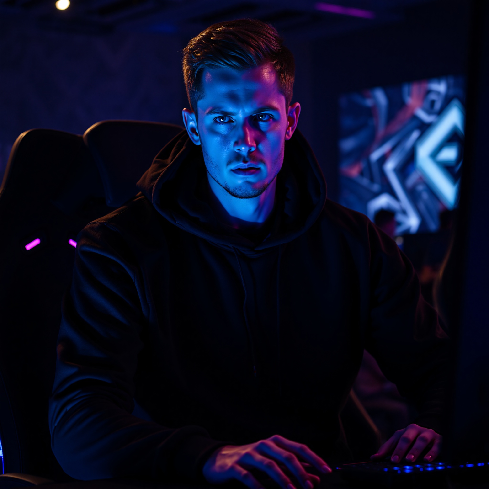 Professional gamer wearing premium gaming hoodie during tournament, focused expression, RGB lighting background