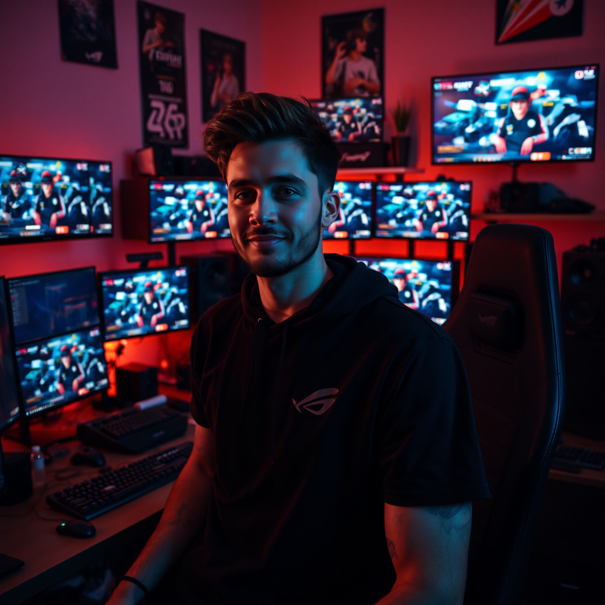 Professional photo of gamer lifestyle setup featuring gaming merchandise and accessories in home gaming station