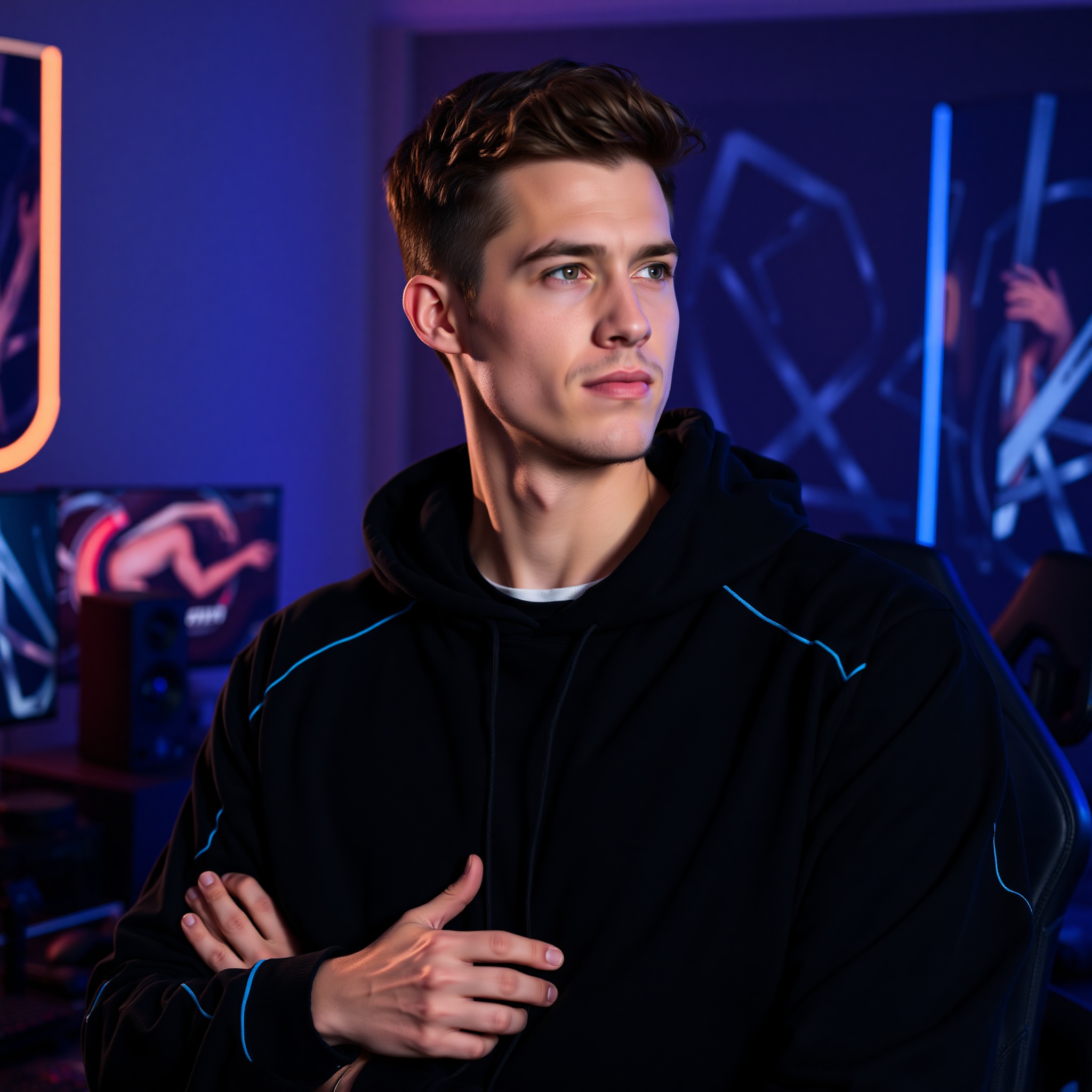 Professional photo of gaming enthusiast wearing premium esports hoodie and t-shirt collection, modern gaming room background with RGB lighting
