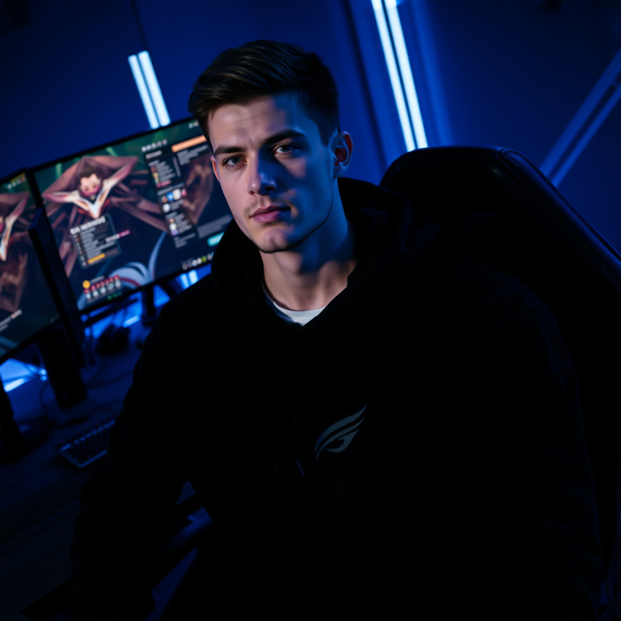 Professional photo of male gamer wearing premium black gaming hoodie in modern gaming setup