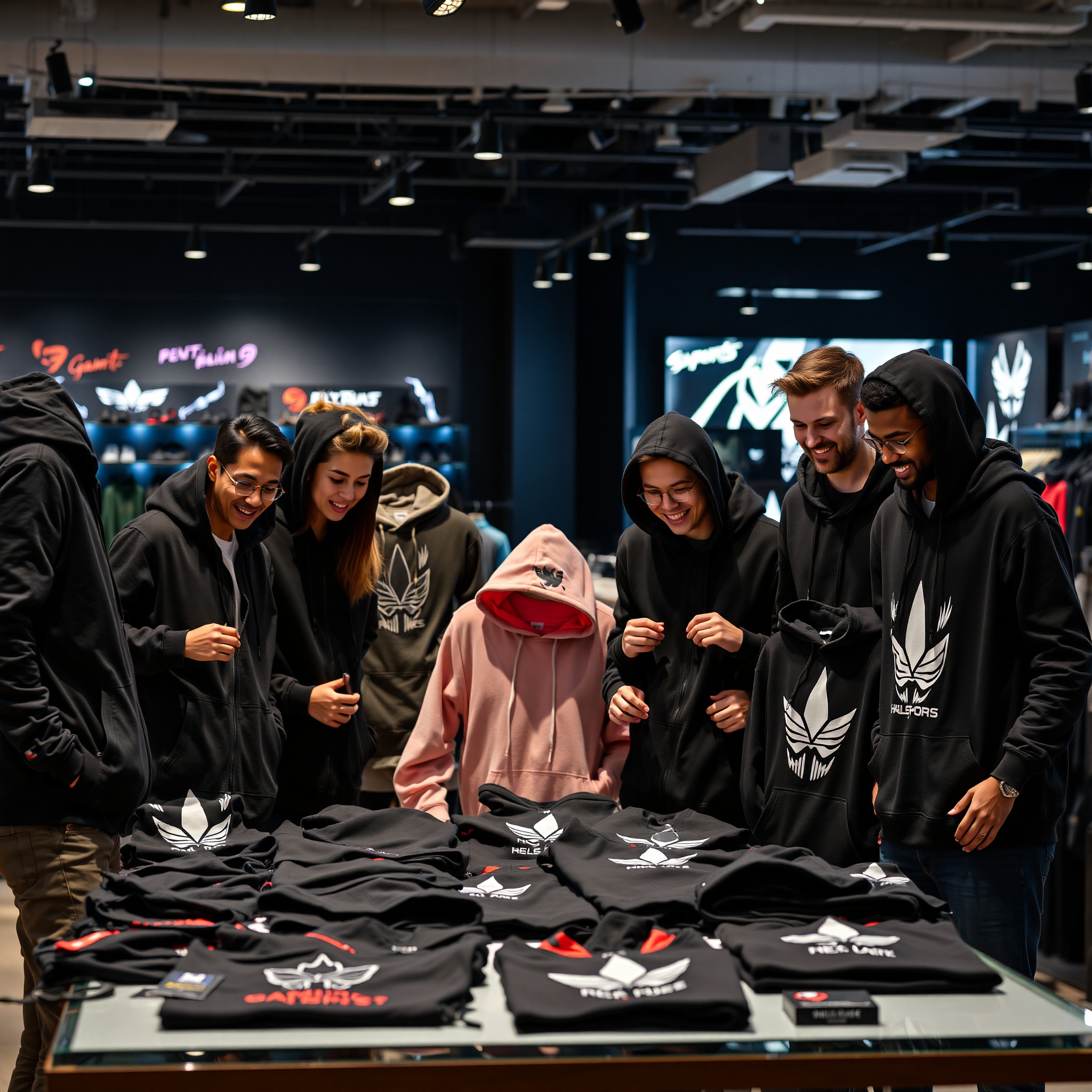 Professional photo of diverse gaming community members examining premium gaming hoodies and merchandise