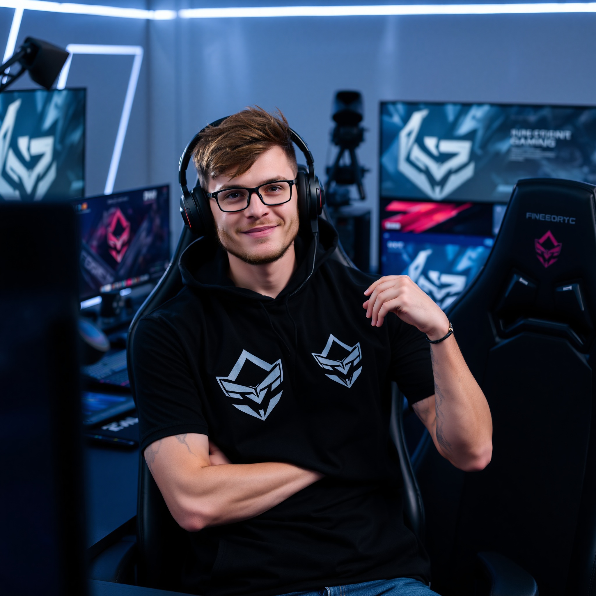 Professional streamer wearing branded gaming t-shirt during live stream, RGB lighting setup