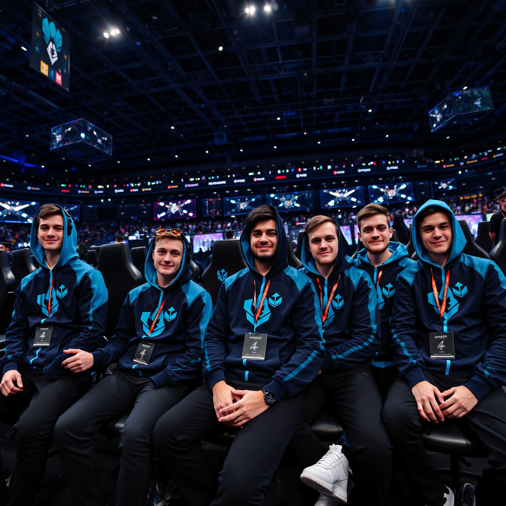 Professional esports team members wearing matching hoodies during tournament