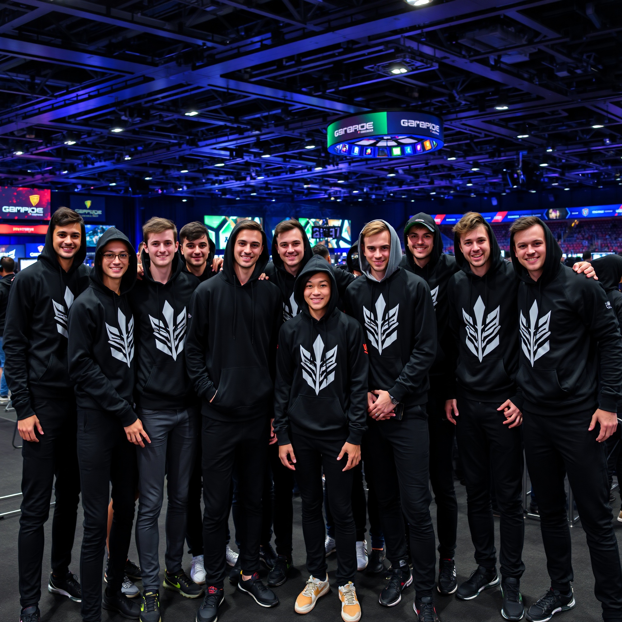 Esports team members wearing matching gaming apparel sets at tournament venue
