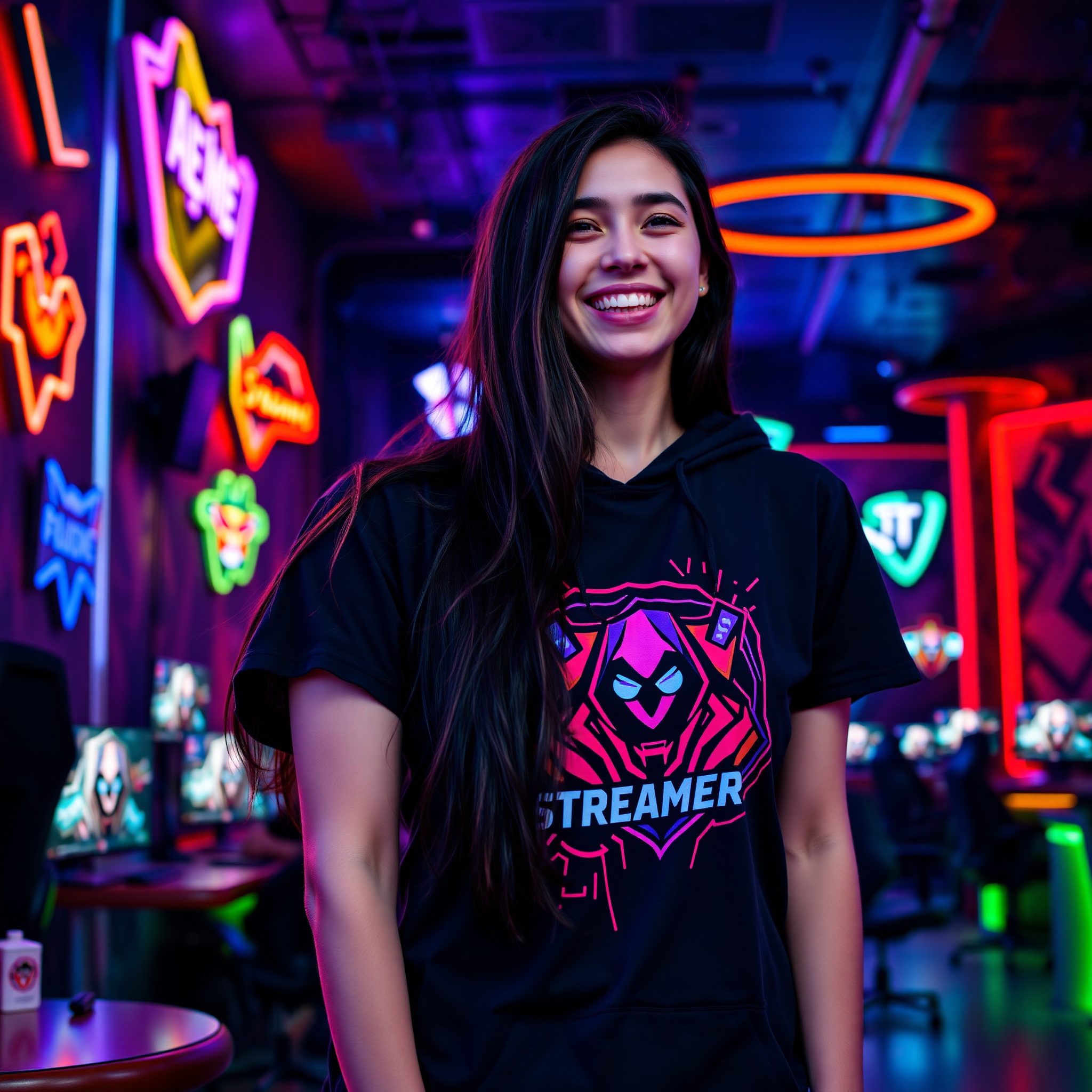 Professional photo of female esports fan wearing colorful gaming t-shirt in bright gaming environment