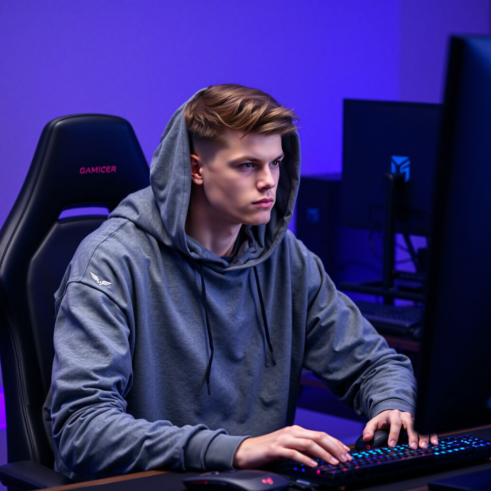 Professional photo of gamer in comfortable oversized hoodie during extended gaming session, ergonomic gaming chair setup with RGB lighting
