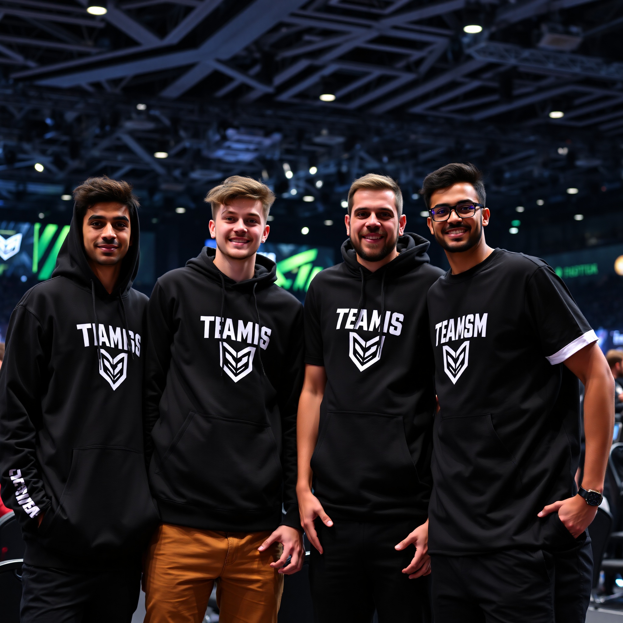 Professional photo of diverse gaming group wearing matching team esports merchandise in gaming tournament venue