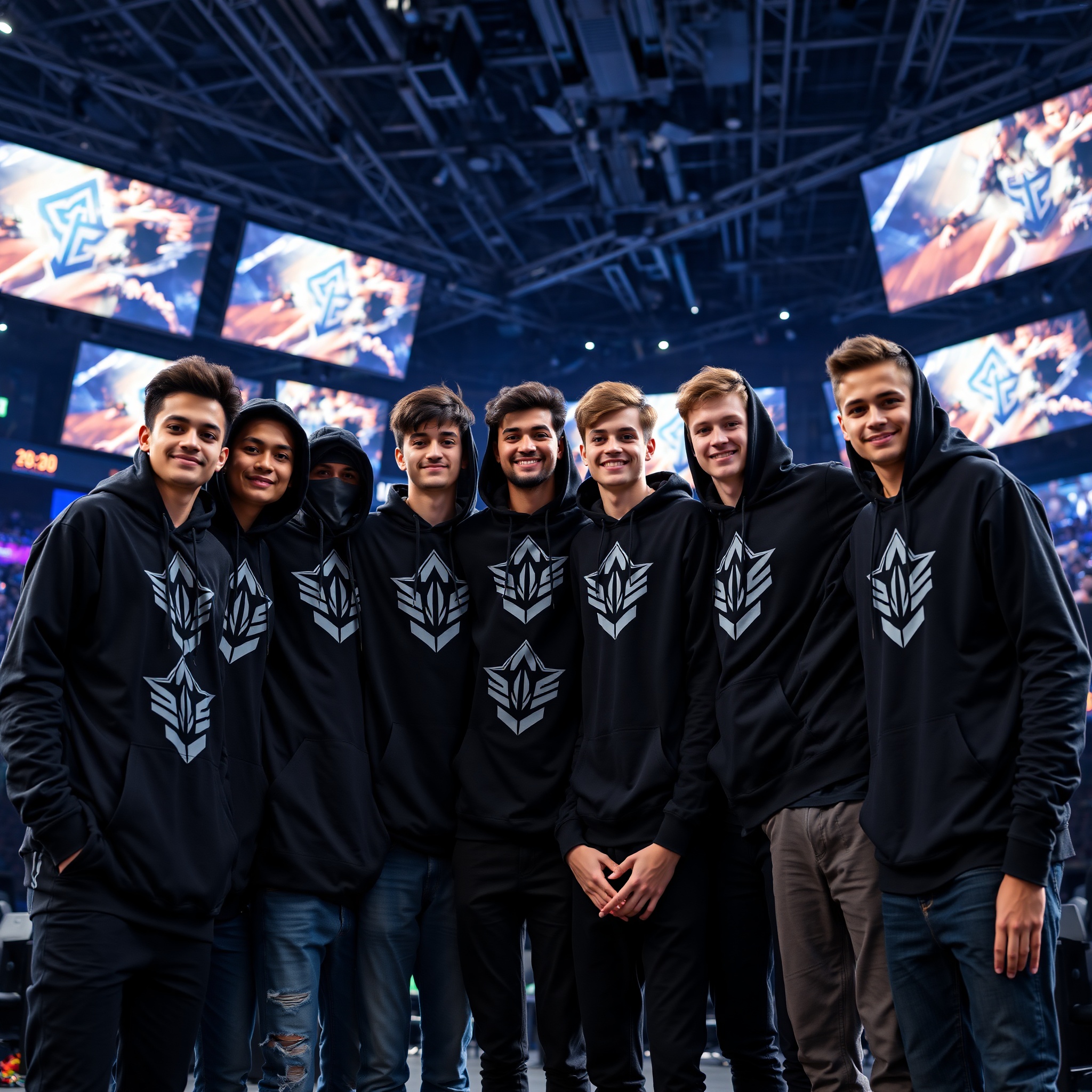 Professional photo of diverse gaming group wearing matching team esports merchandise in gaming tournament venue