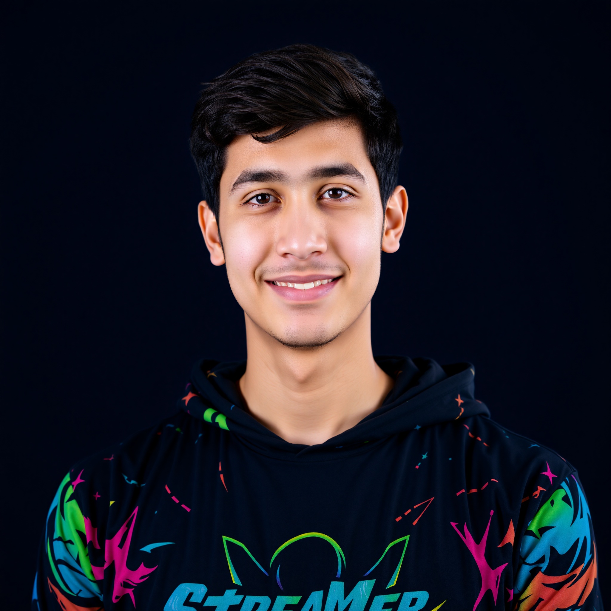 Professional photo of Ahmed, 22-year-old gamer with dark hair wearing colorful streamer merchandise