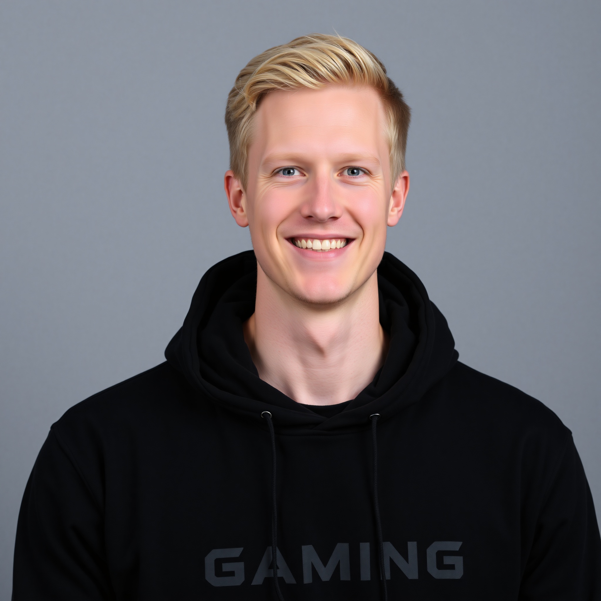 Professional photo of Marcus, 28-year-old streamer with short blonde hair wearing gaming hoodie