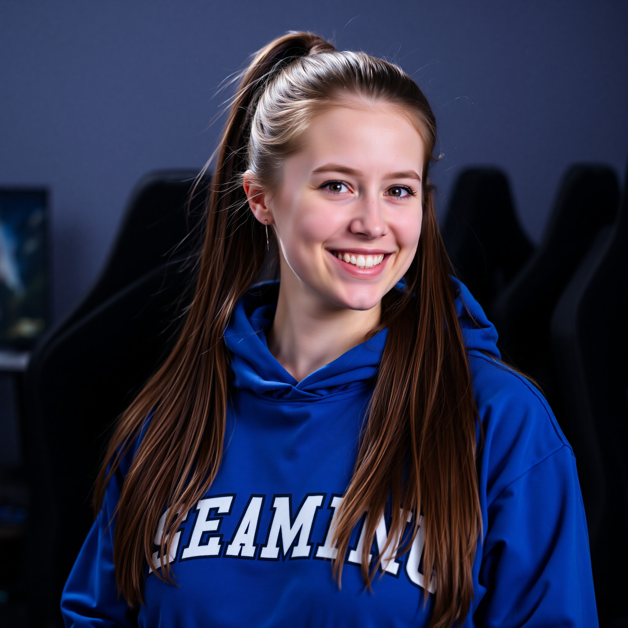 Professional photo of Sophie, 25-year-old team captain with long brown hair in ponytail wearing gaming team hoodie