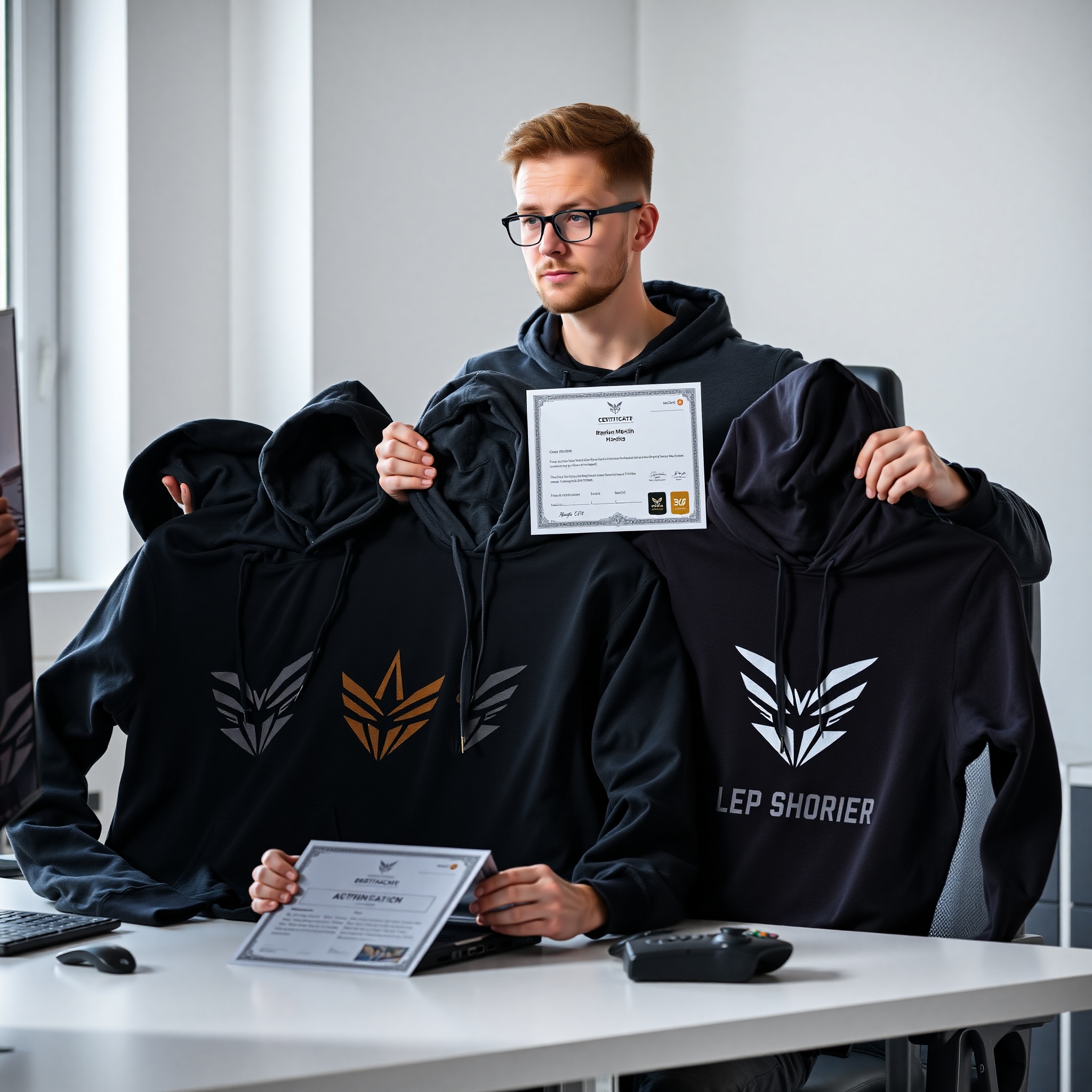 Professional photo of gaming enthusiast displaying limited edition hoodie collection with authentication certificates