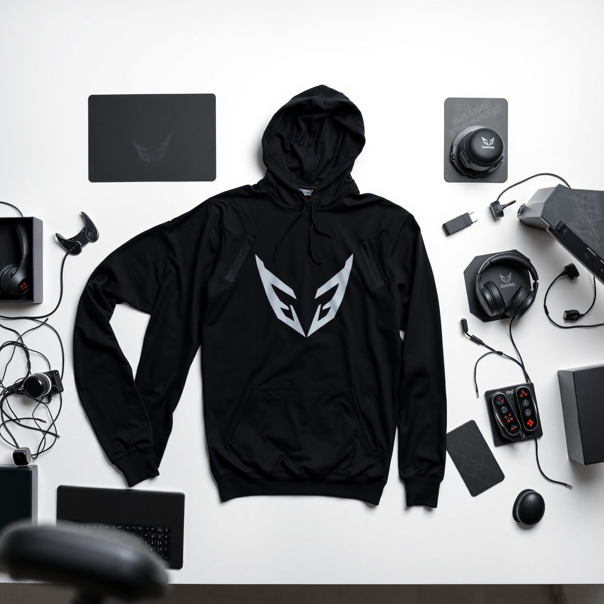 Professional photo of high-performance gaming hoodie laid flat on modern minimalist desk showing quality details