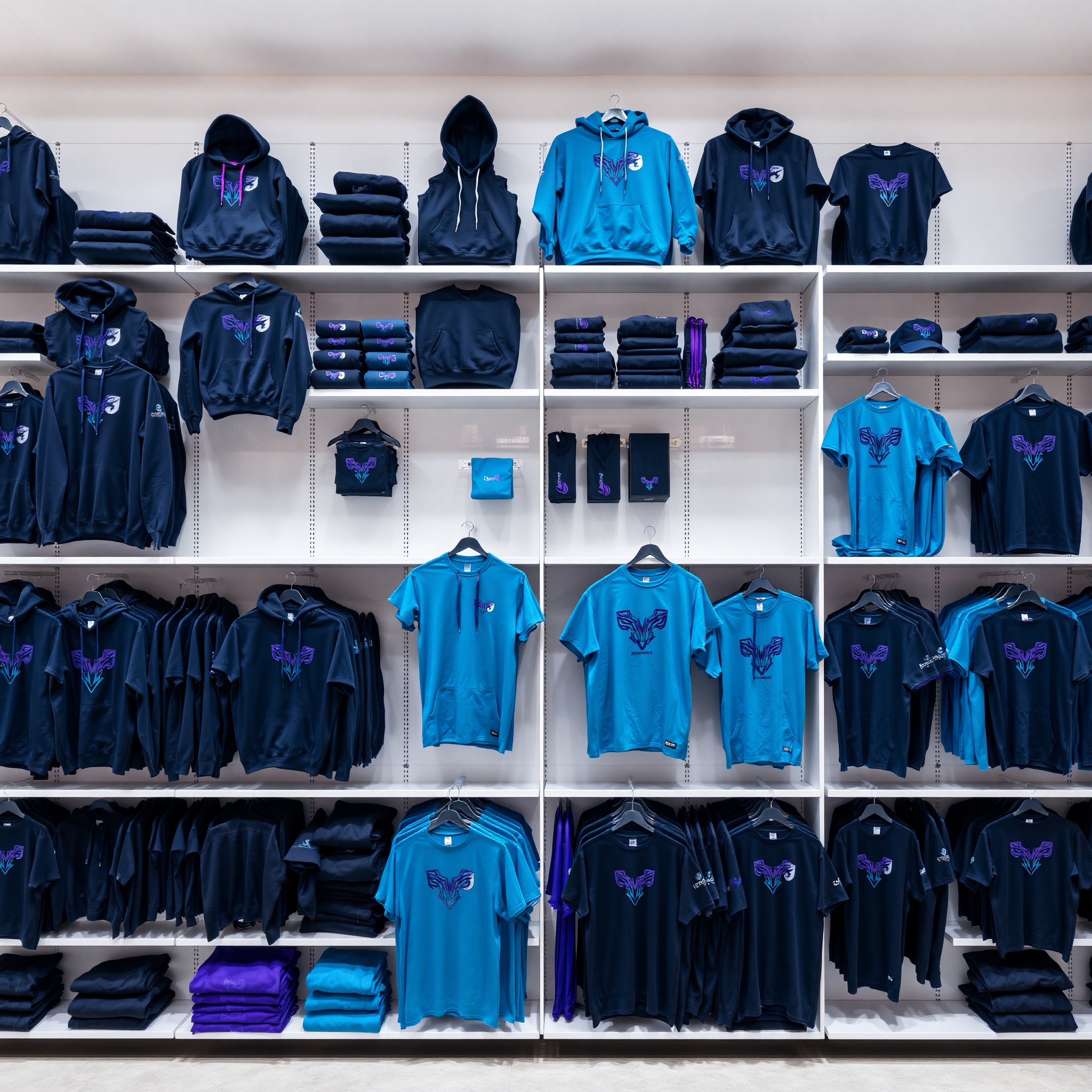 Complete esports team apparel collection displayed with hoodies and t-shirts in team colors