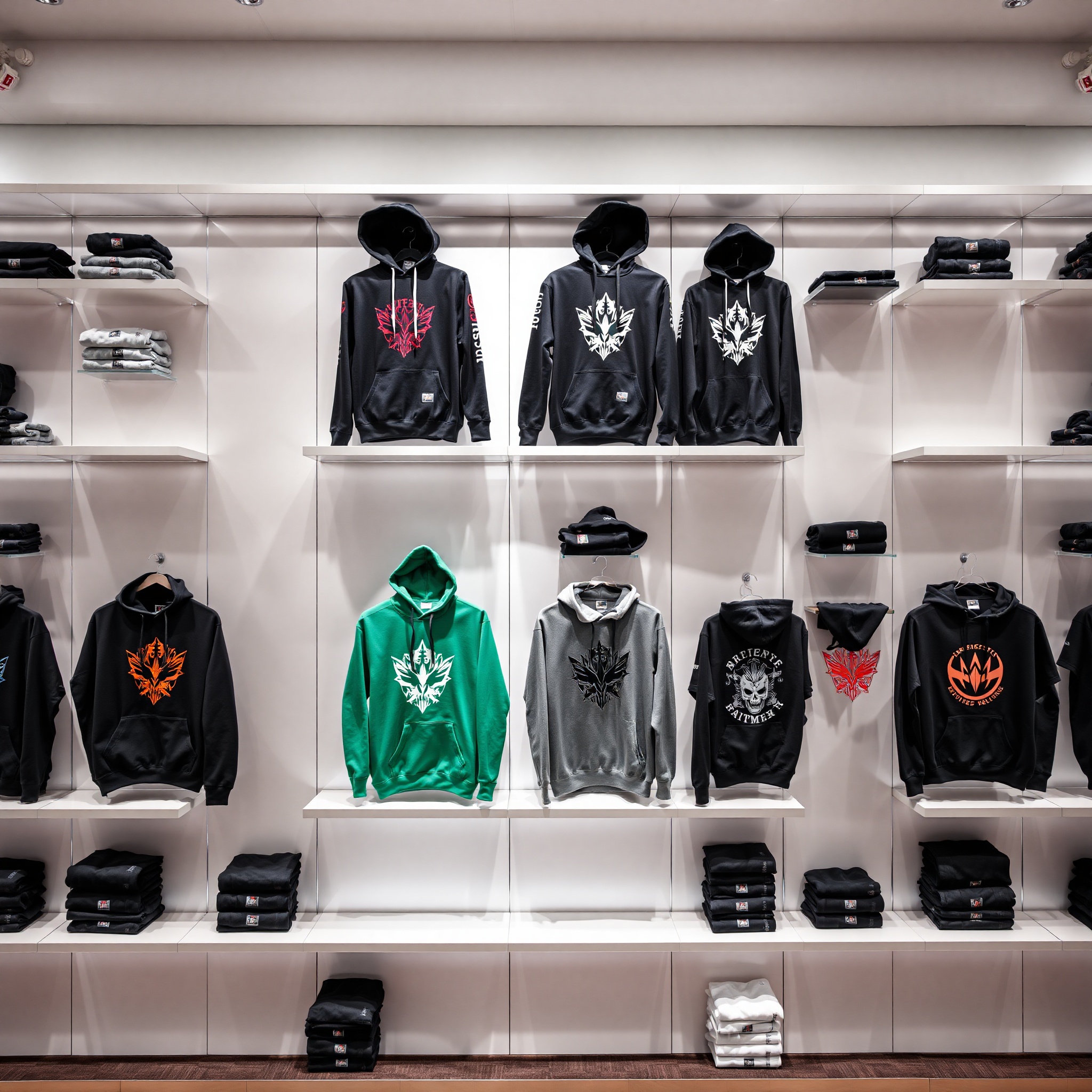 Exclusive limited edition gaming hoodies with unique designs displayed on modern shelving