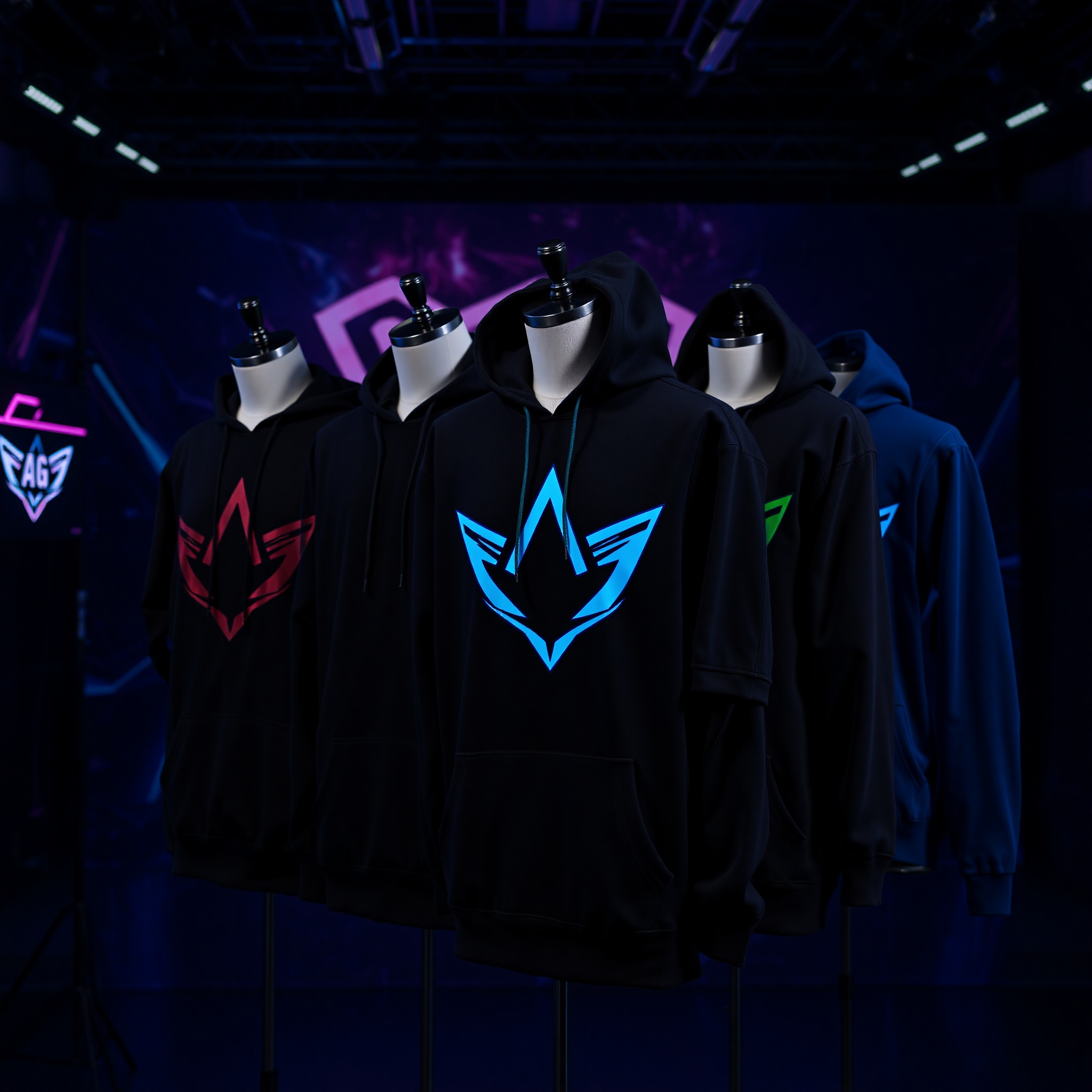 Professional photo of premium esports hoodies collection in various colors displayed on mannequins with RGB gaming lighting backdrop