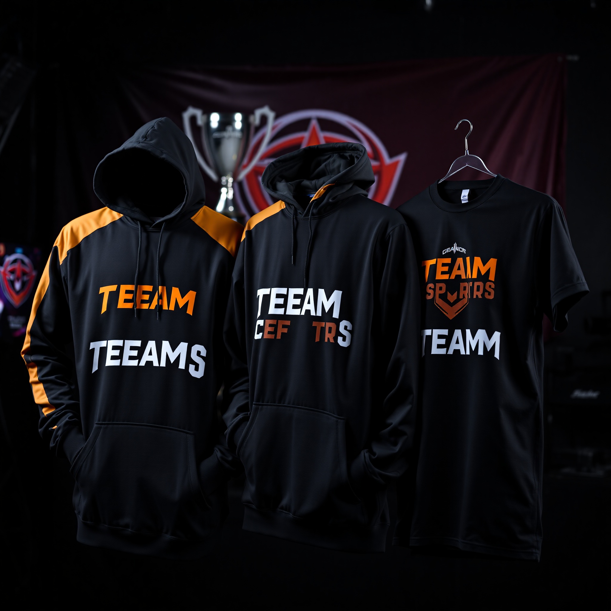 Professional photo of team esports apparel sets with matching hoodies and t-shirts displayed for tournaments and gaming squads