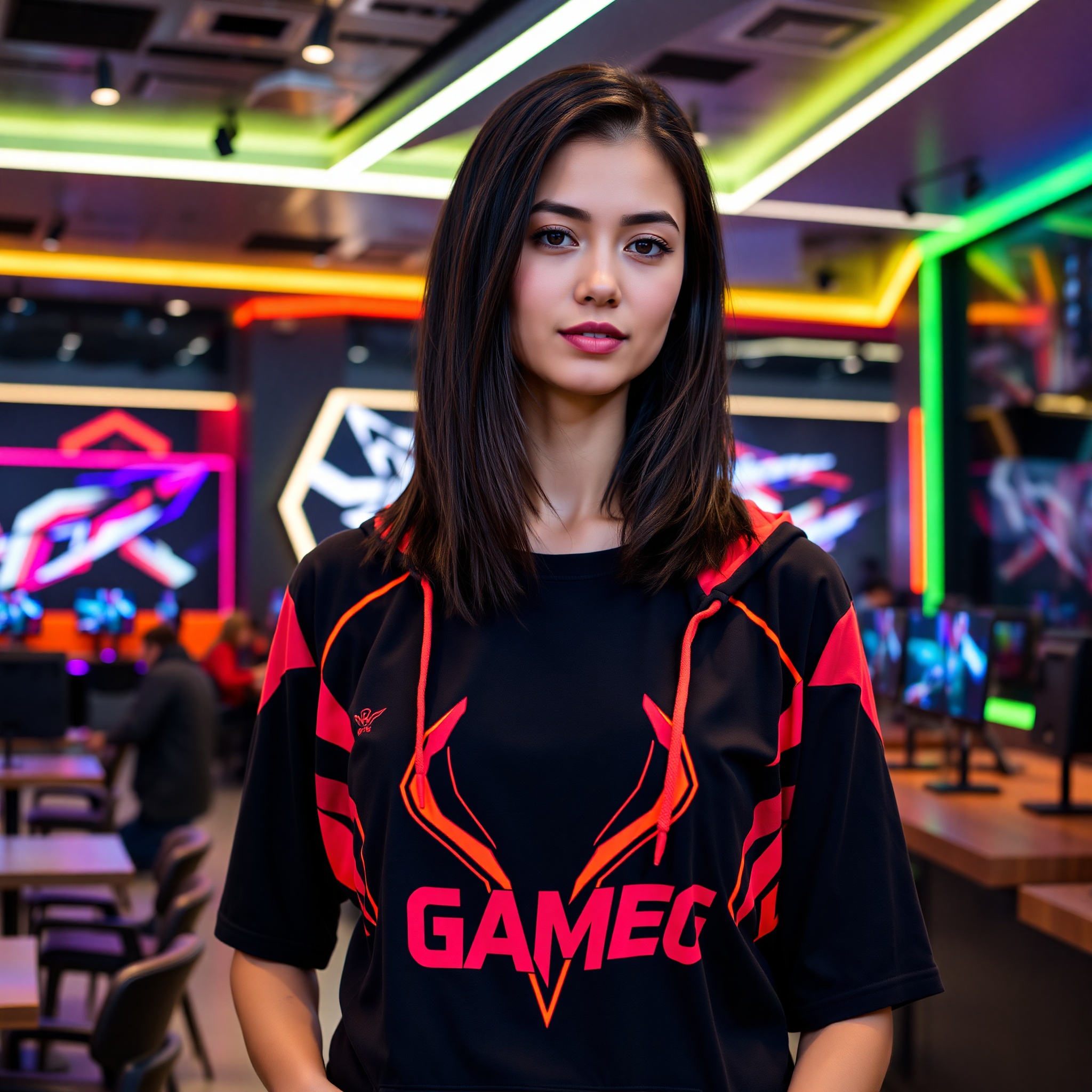 Professional photo of female esports fan wearing colorful gaming t-shirt in bright gaming environment