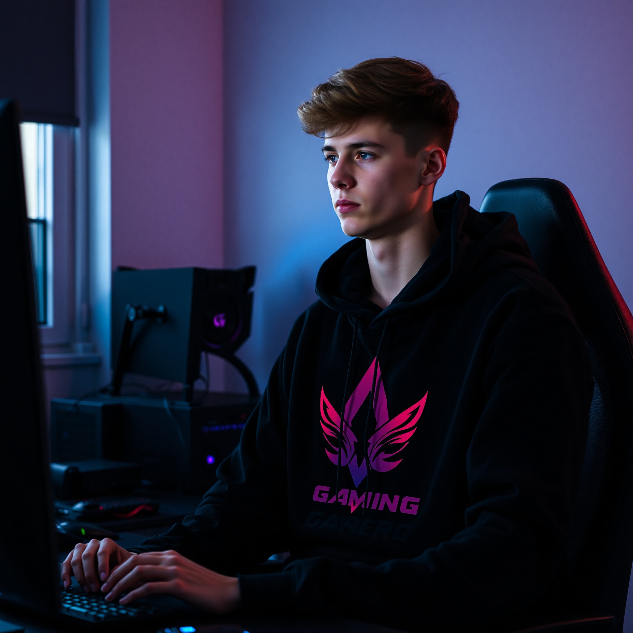 Professional photo of male gamer wearing premium black gaming hoodie in modern gaming setup