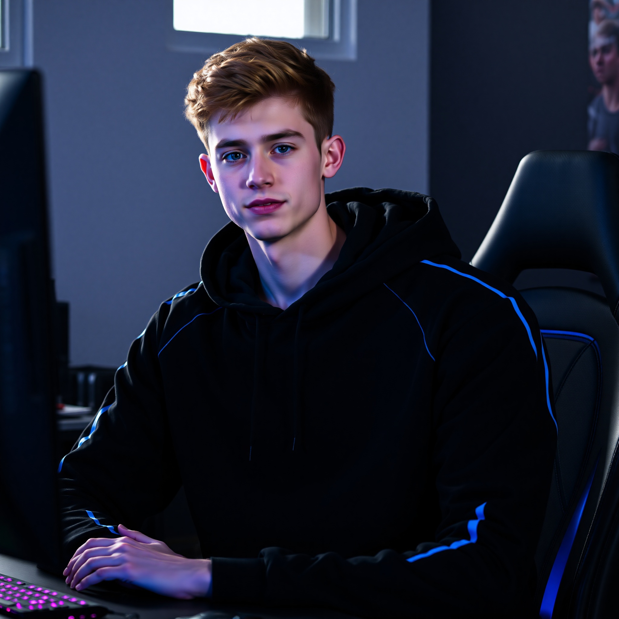 Professional photo of young male gamer wearing premium black gaming hoodie with neon accent in modern gaming setup with RGB lighting