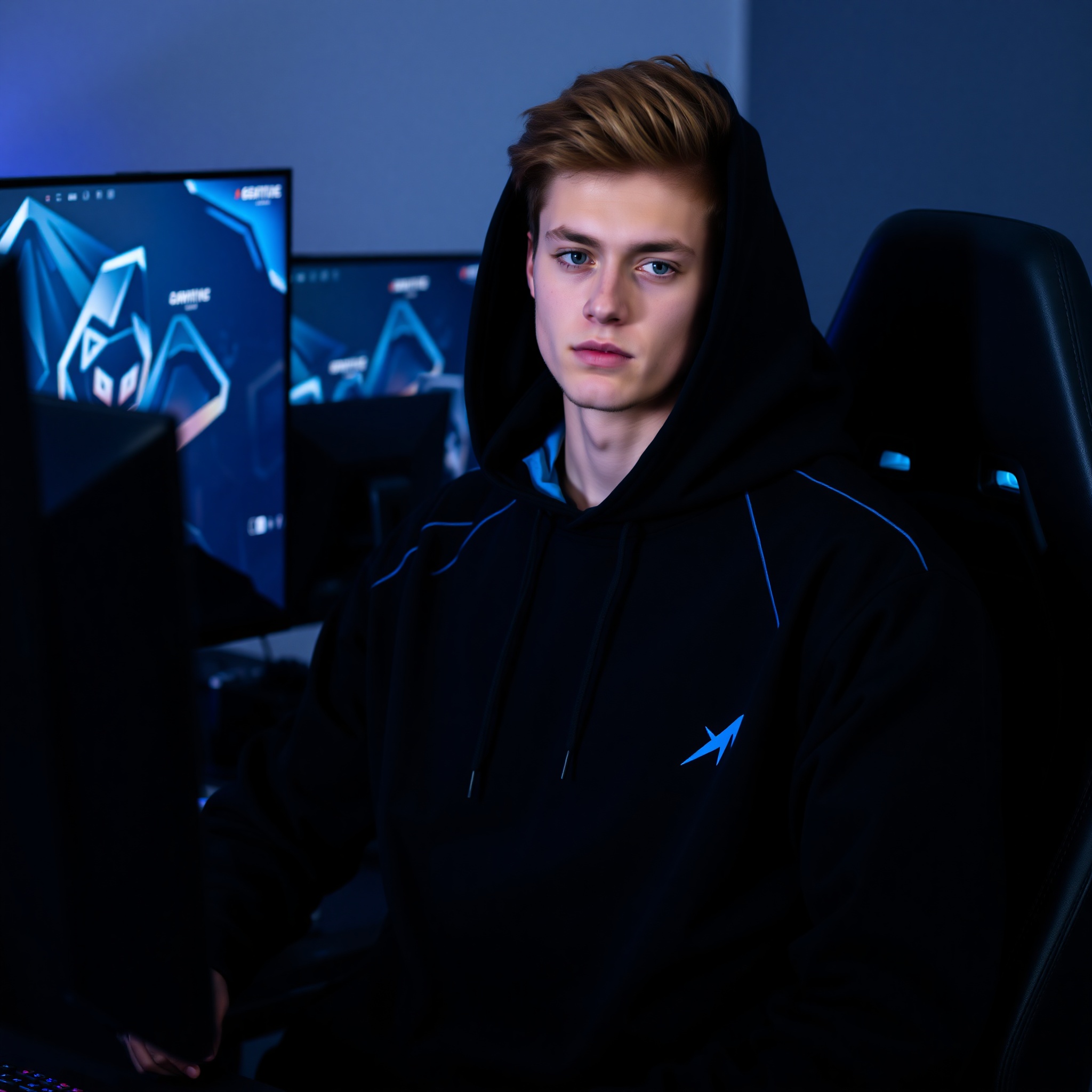 Professional photo of gamer wearing exclusive limited edition hoodie in gaming room setup with RGB lighting
